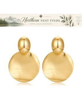 Large Hammered Disc Drop Earrings Gold Dangle Geometric Lightweight Statement